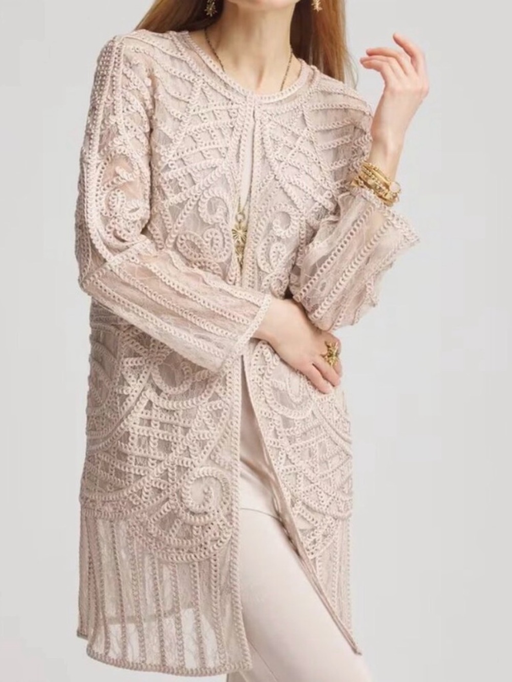 Chicos Travelers Jacket - Embroidered Lace Open Jacket - Taupe SZ 3 (US XL)